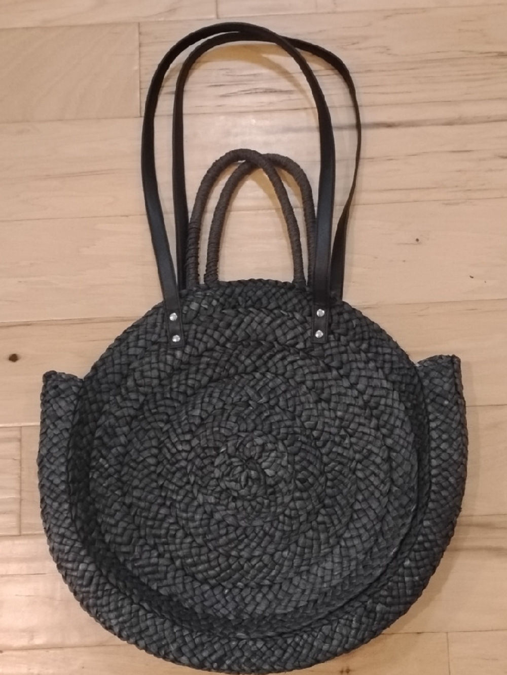 Mud Pie Black Woven Round Tote with Dual Handles
